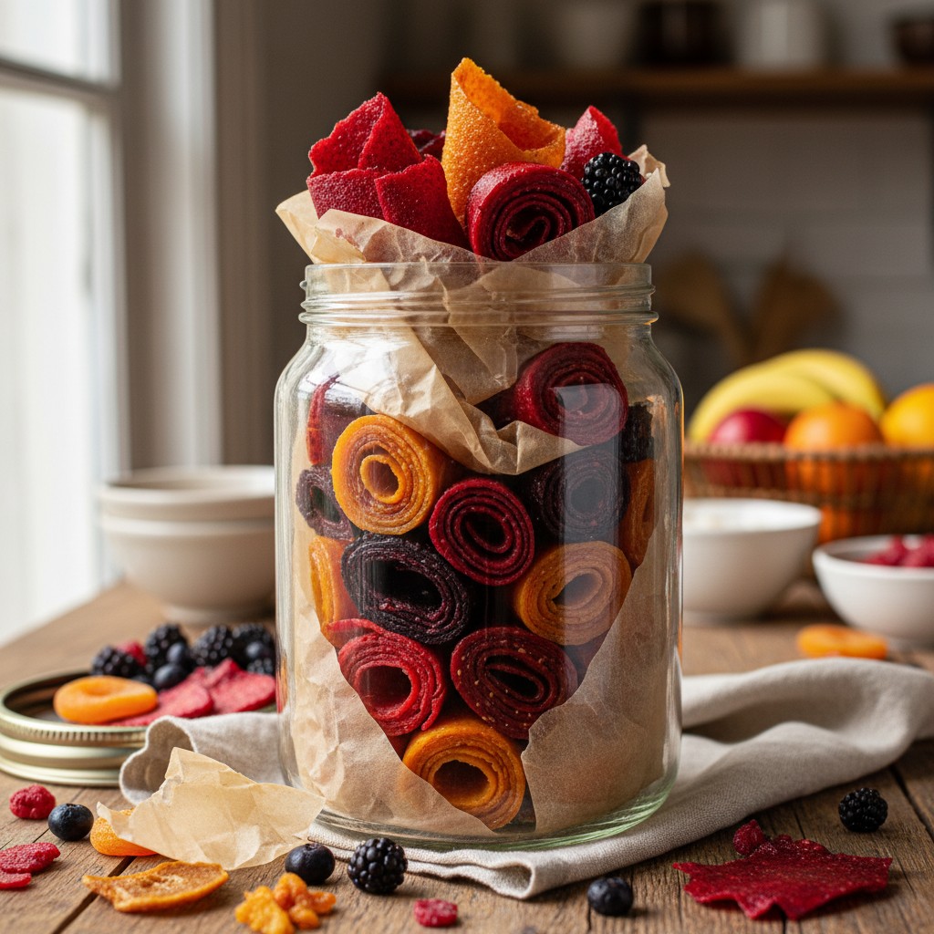 Fruit leather rolls in a glass jar