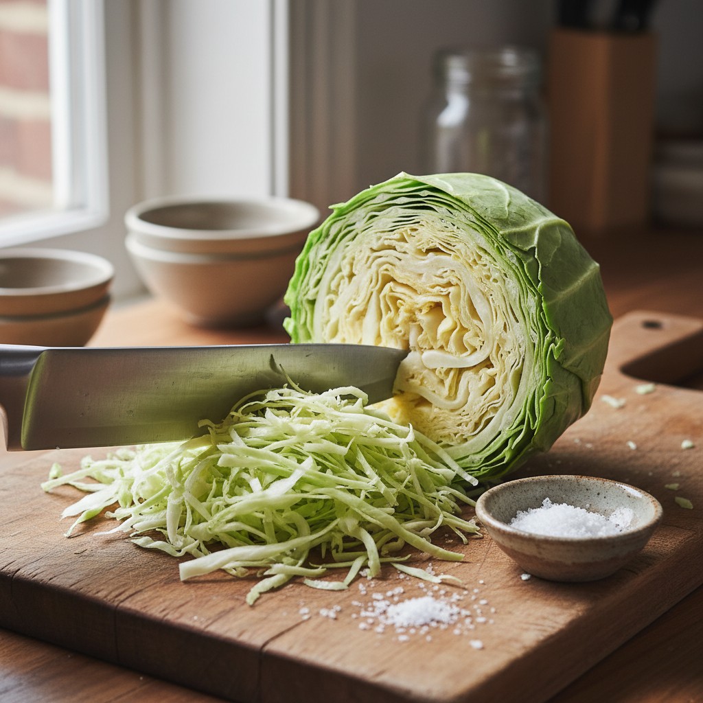 Cabbage being sliced thinly on a cutting board