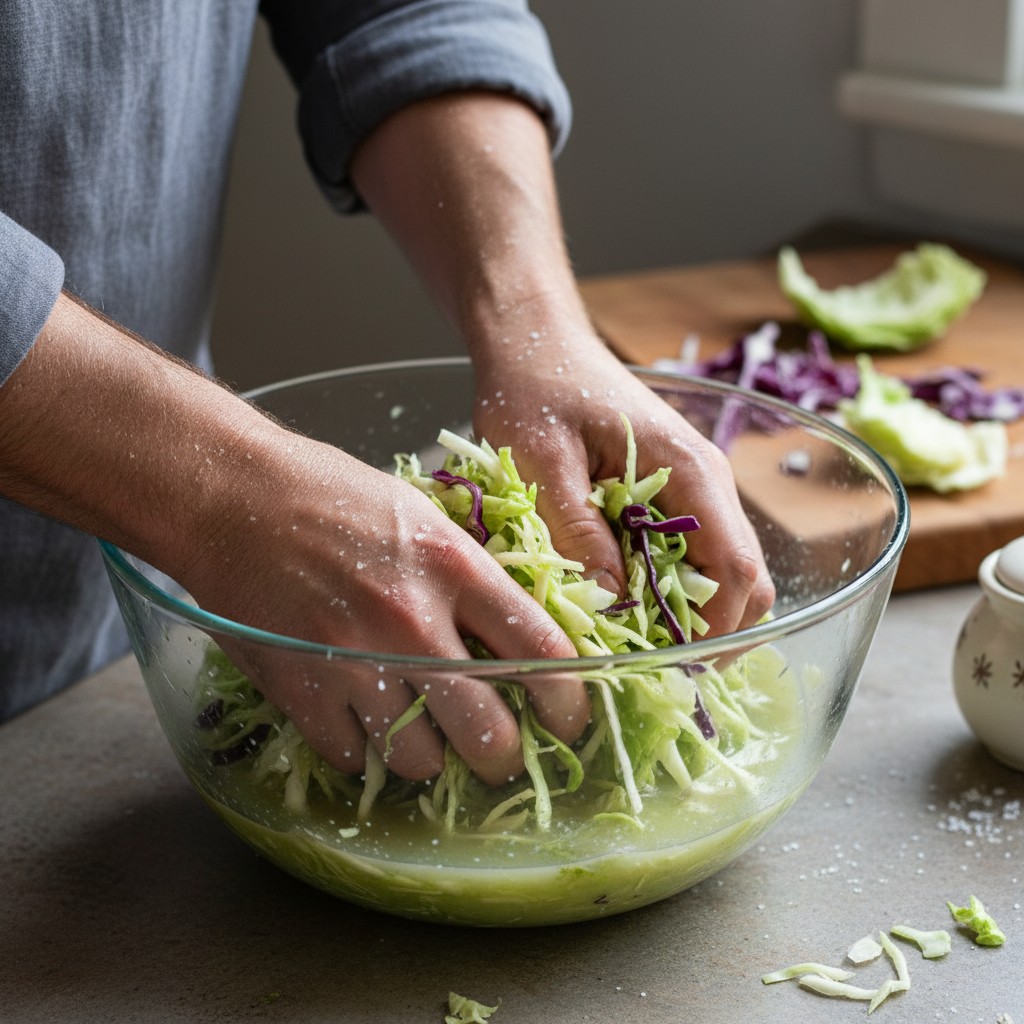 Shredded cabbage being massaged with salt