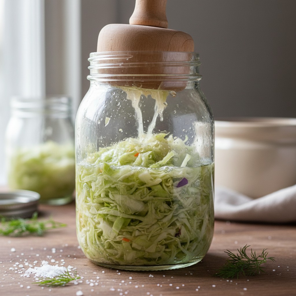 Salted cabbage packed into a mason jar with brine above