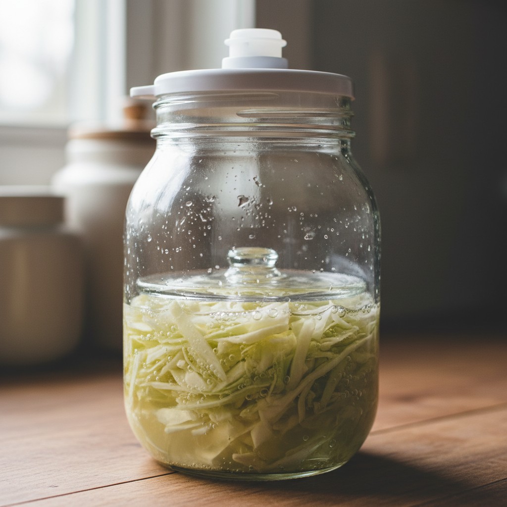 Sauerkraut mid-fermentation with bubbles and fermentation weight