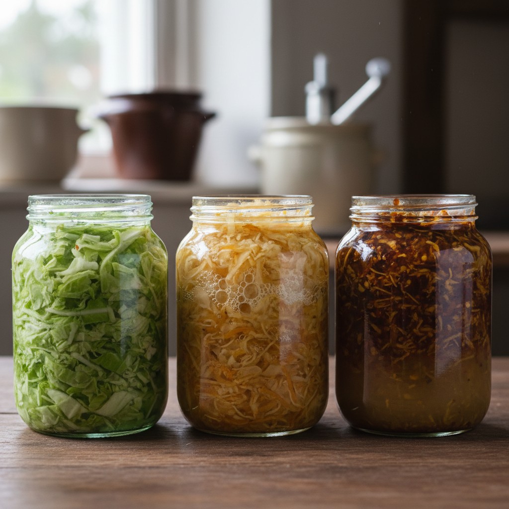 Three jars of kraut at different stages