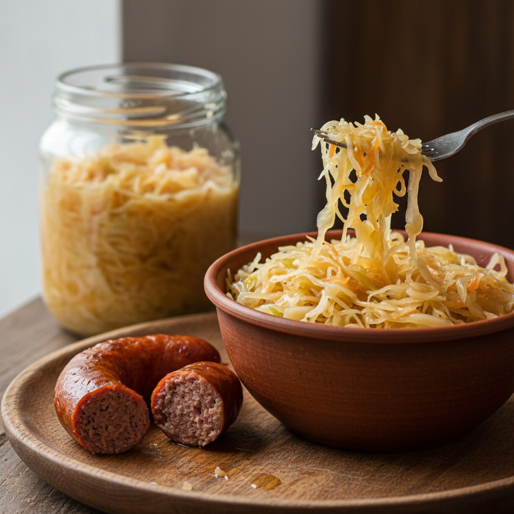 Finished sauerkraut served with sausage