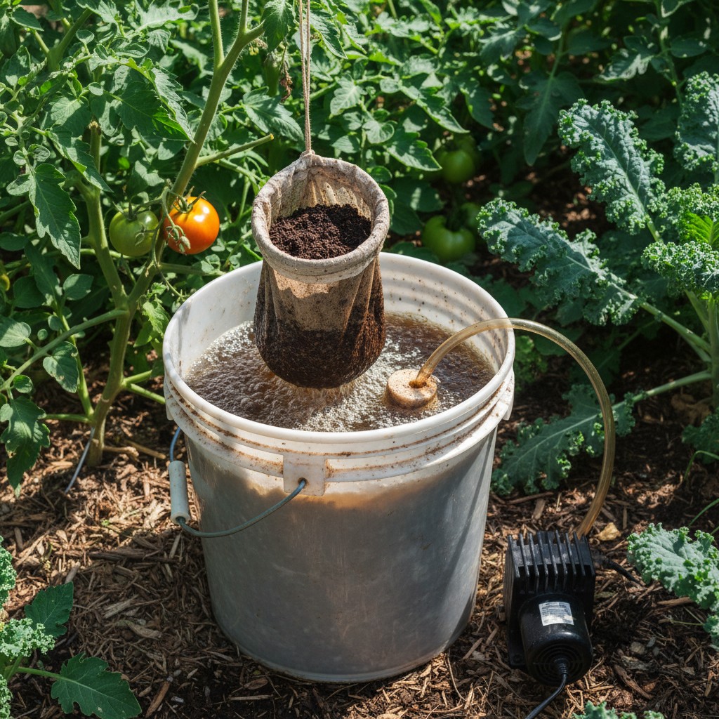 A 5-gallon bucket compost tea brewer with air pump