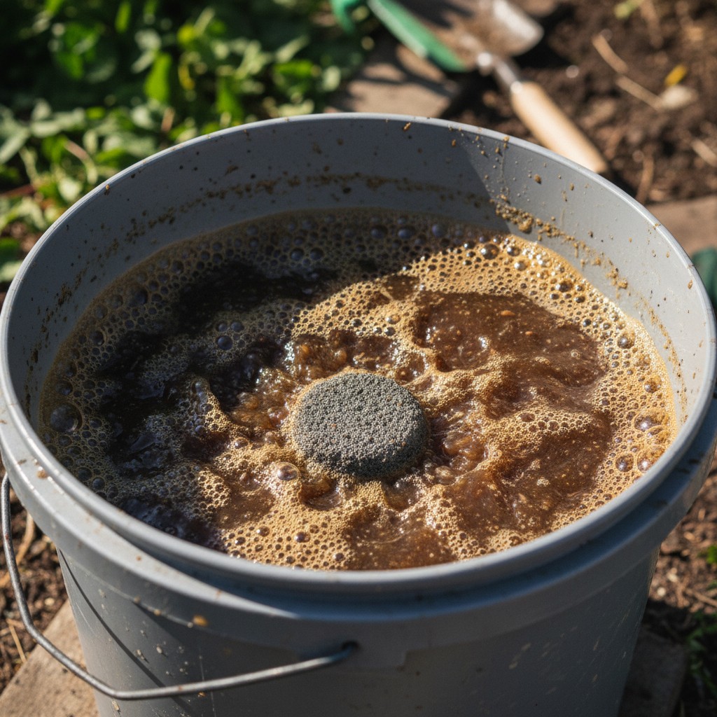 Compost tea brewing with vigorous bubbling