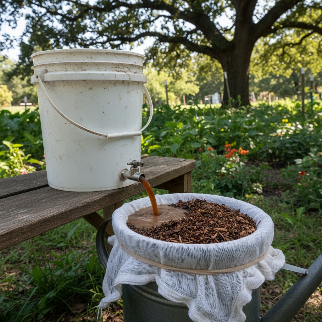 Compost tea being strained through cheesecloth