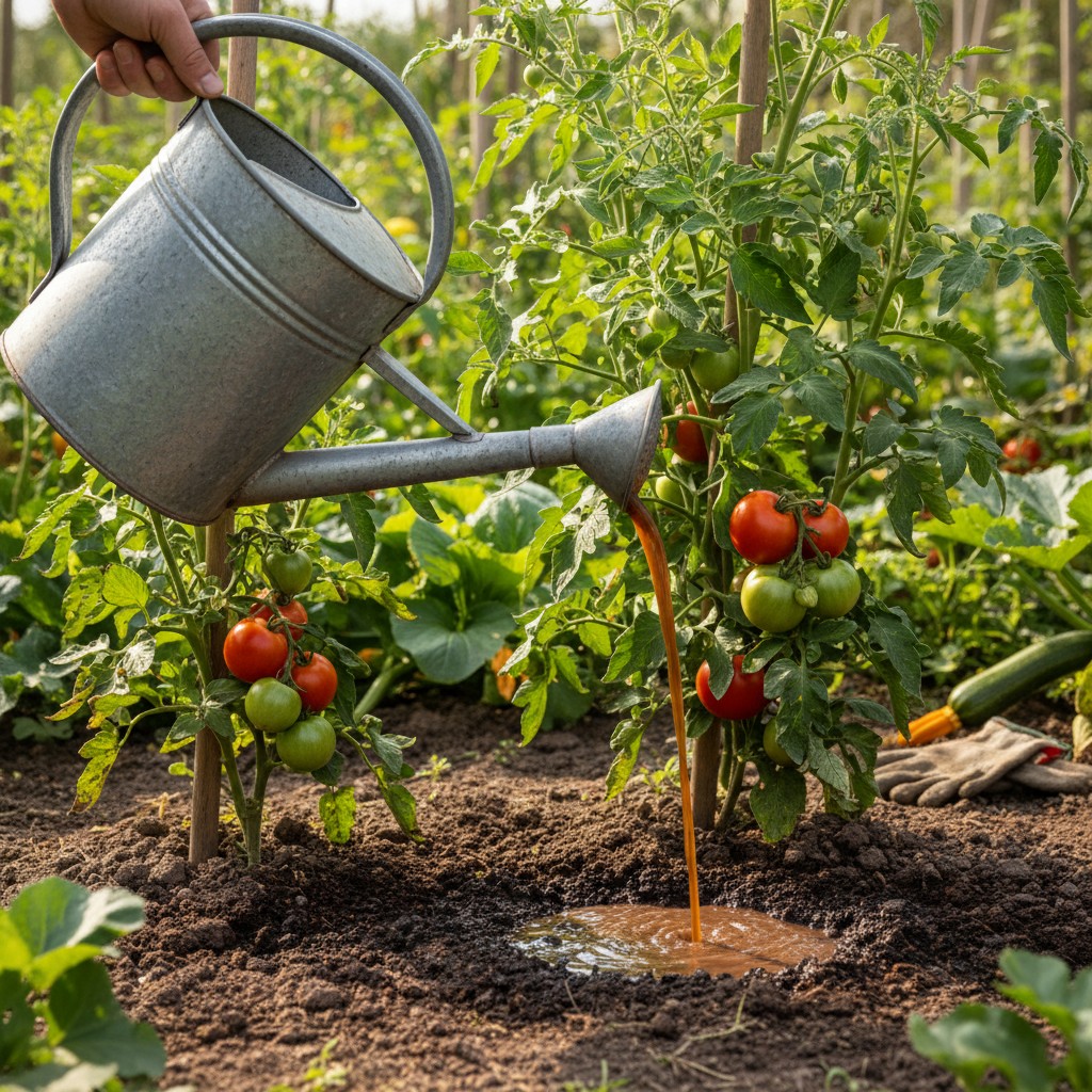 Compost tea being applied to garden plants