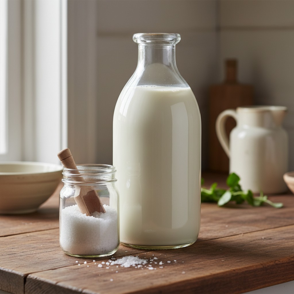A glass bottle of heavy cream with a mason jar and salt