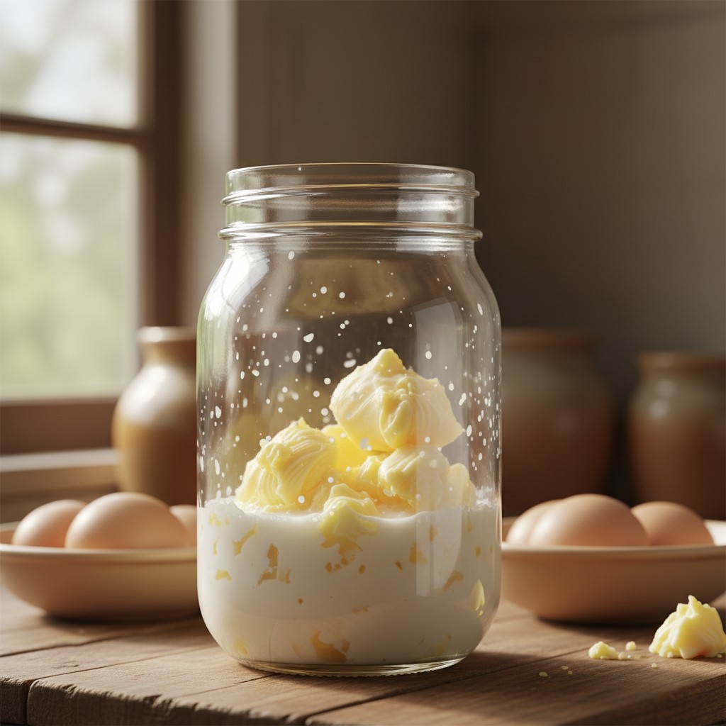 Butter separating from buttermilk in a jar
