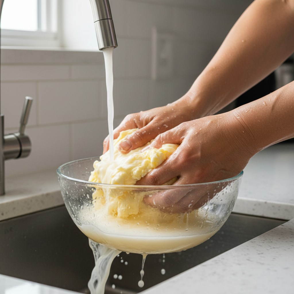 Fresh butter being washed under cold water