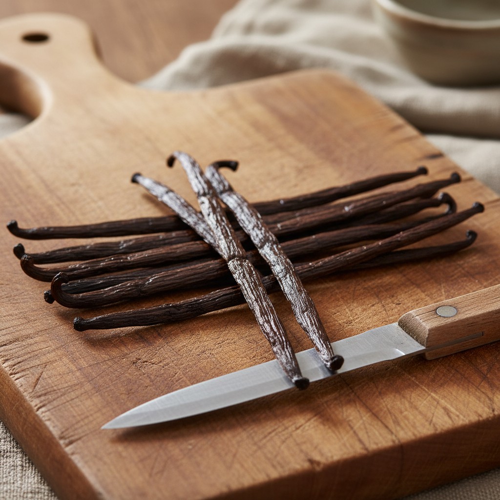 Whole vanilla beans on a wooden cutting board