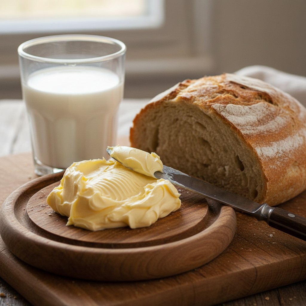 A pat of golden homemade butter on a dish with bread