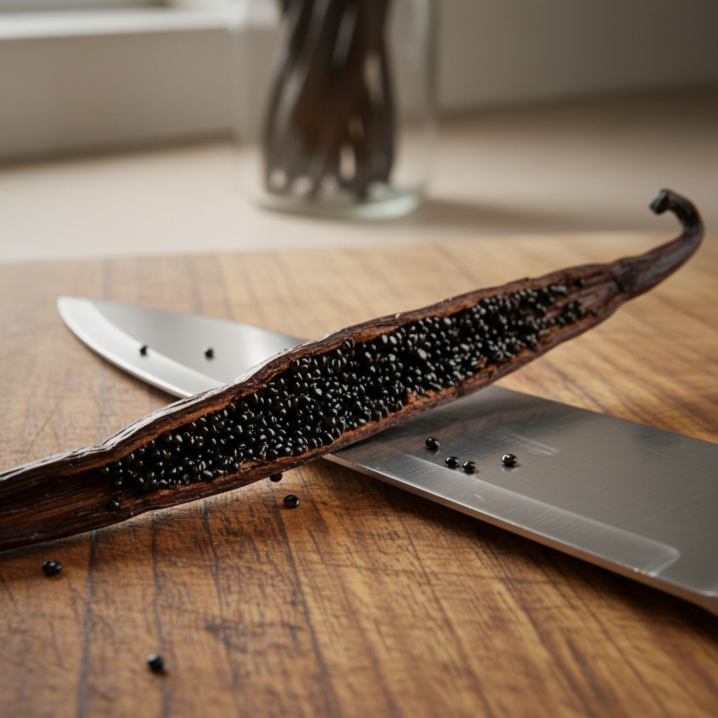 A vanilla bean split open showing seeds inside