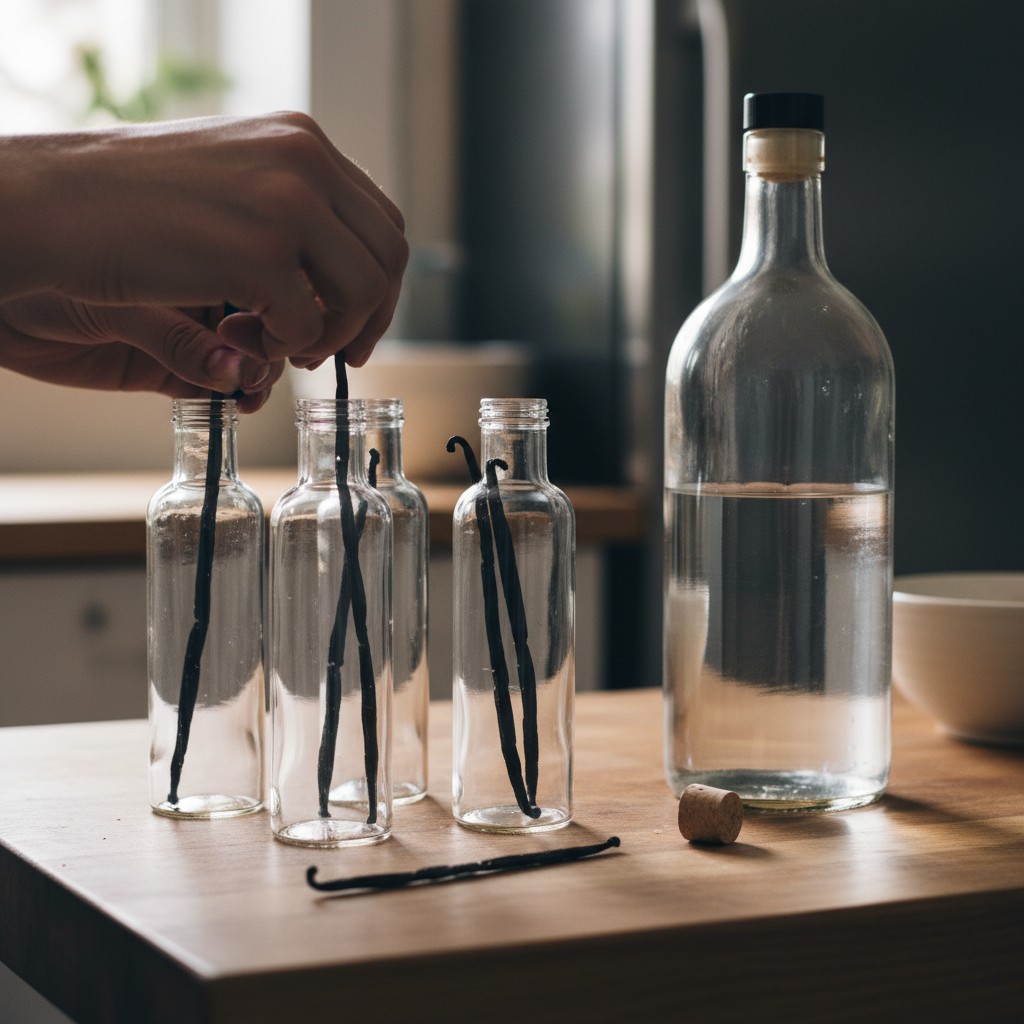 Split vanilla beans placed into bottles with vodka