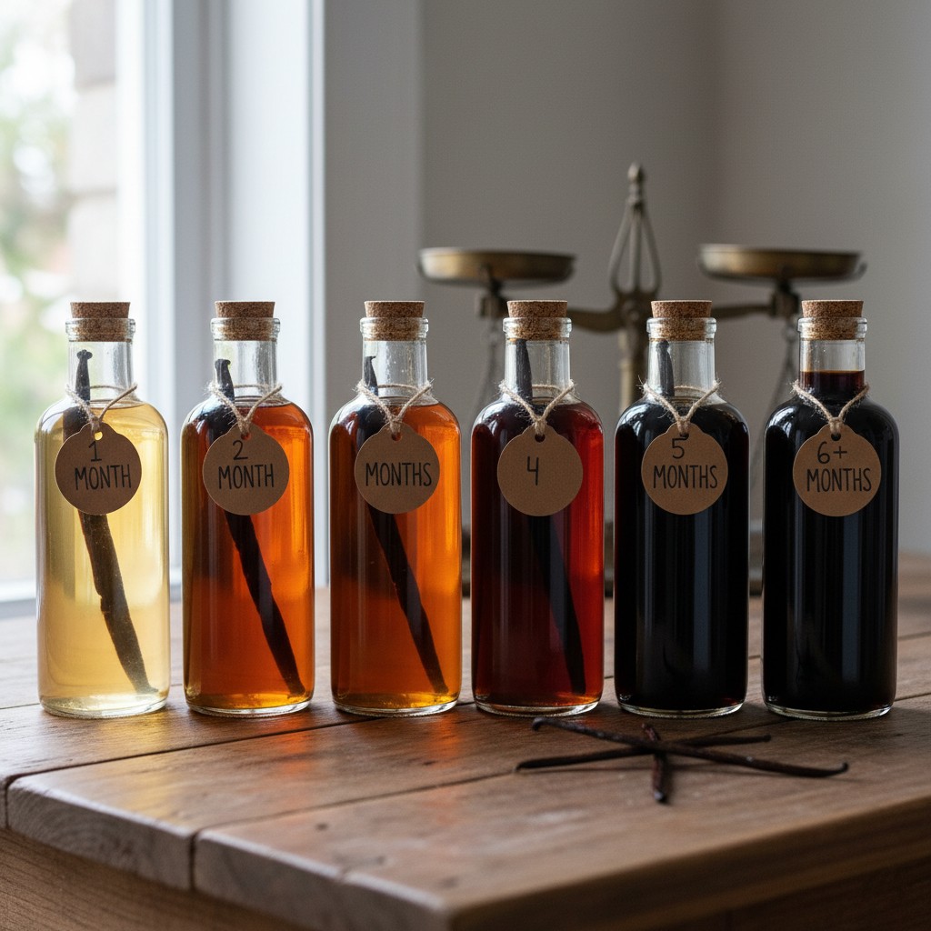 Vanilla extract bottles at different steeping stages