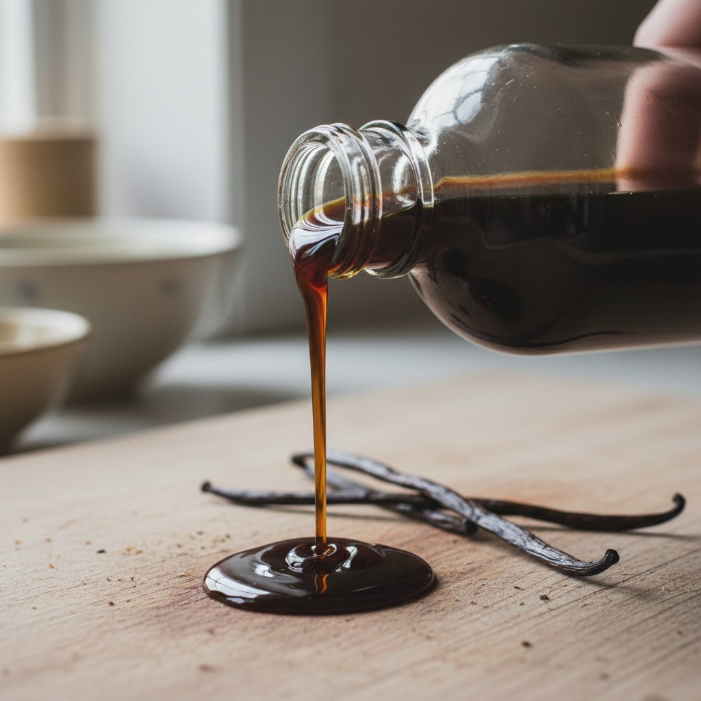Dark finished vanilla extract being poured