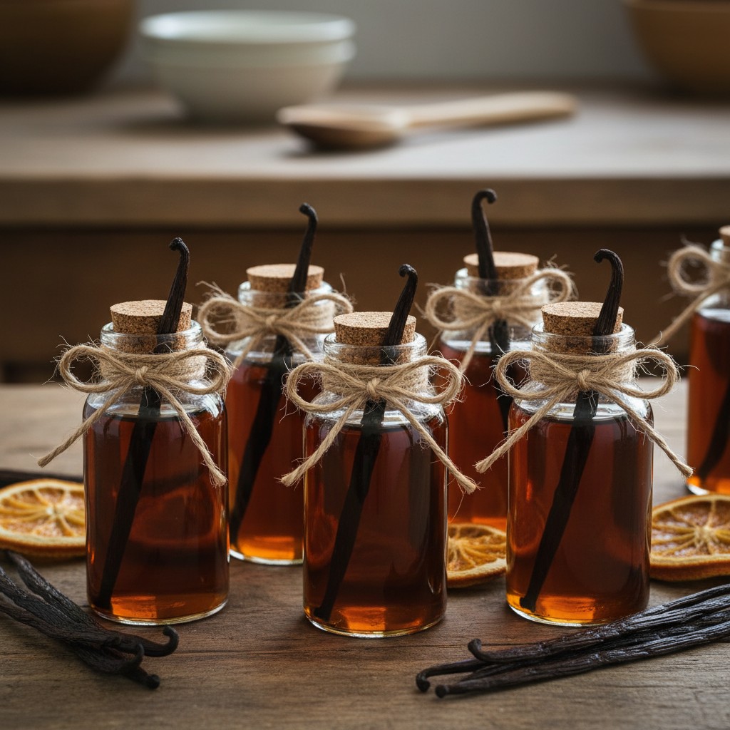 Vanilla extract in small gift bottles with handwritten labels