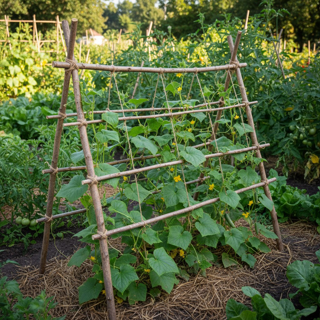 A-frame trellis with cucumbers climbing