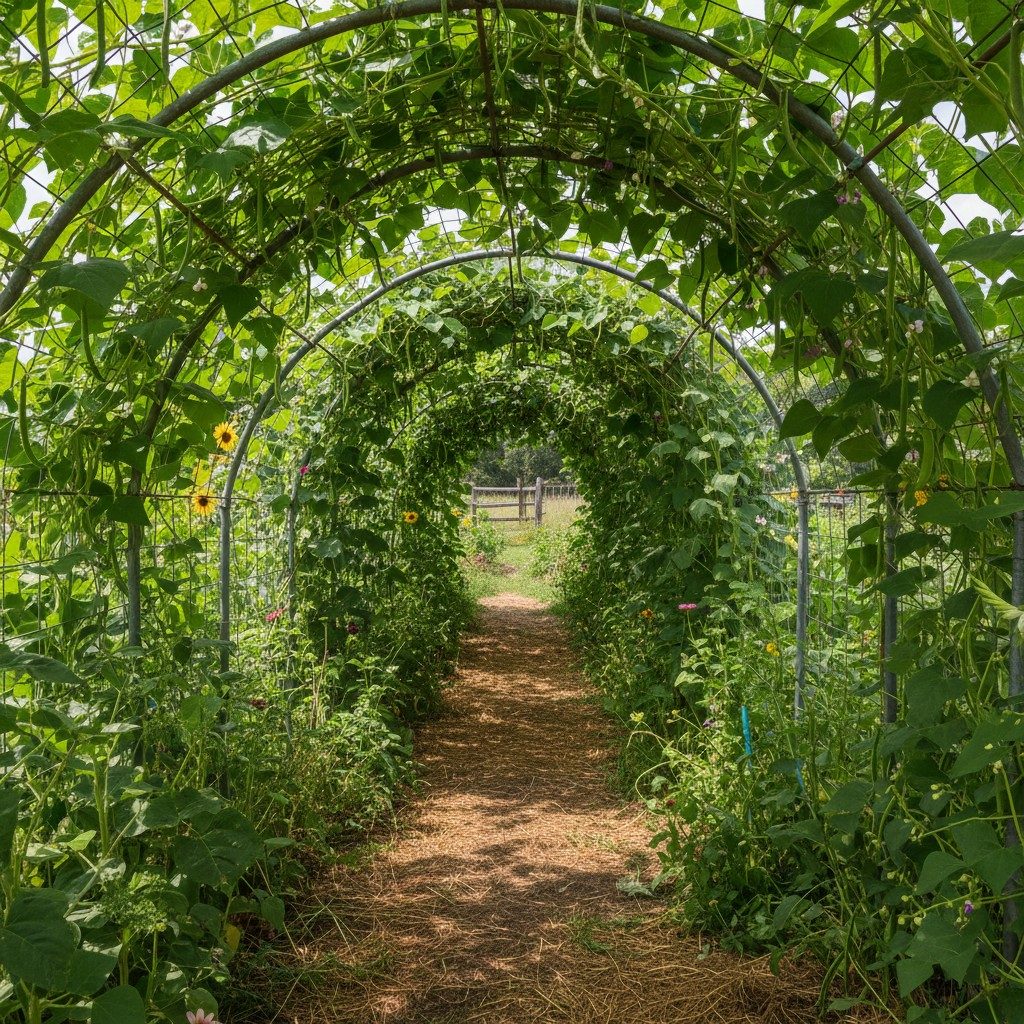 Cattle panel arch covered with bean vines