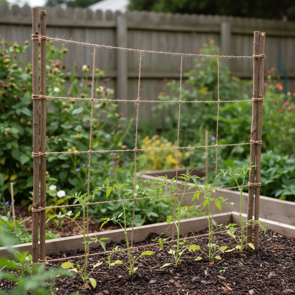 String trellis with tomatoes or peas climbing