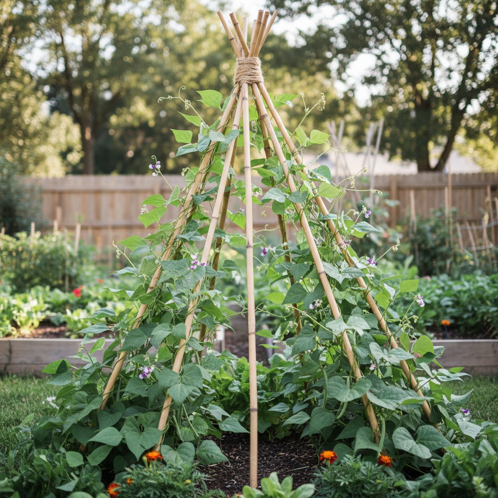 Bamboo teepee trellis with pole beans