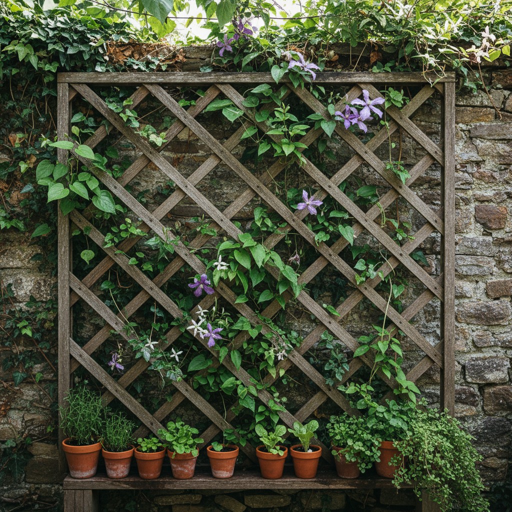 Lattice trellis on a wall with climbing plants