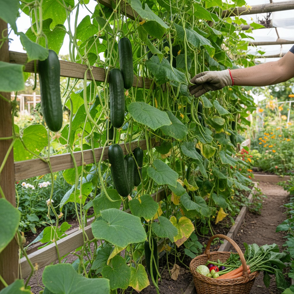 Vegetables being harvested from a trellis