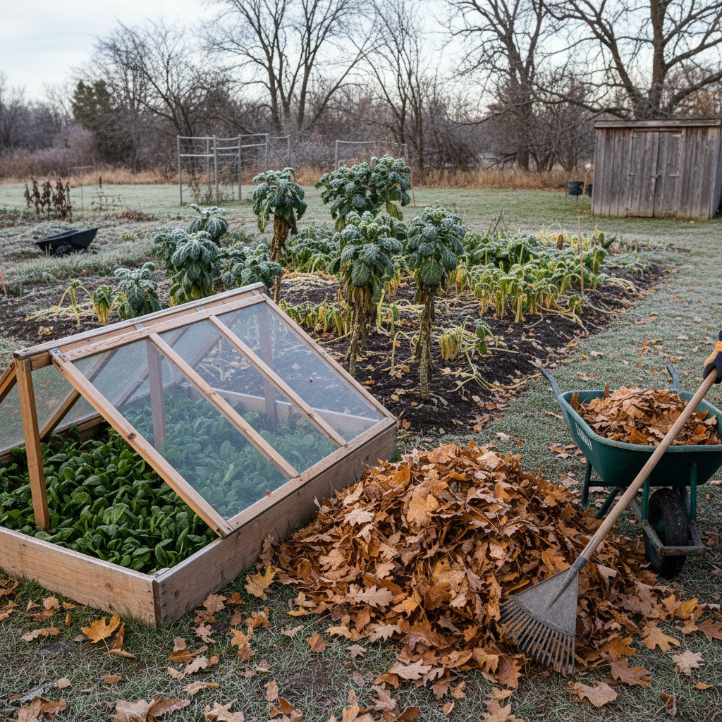 November garden with frost and cold frames
