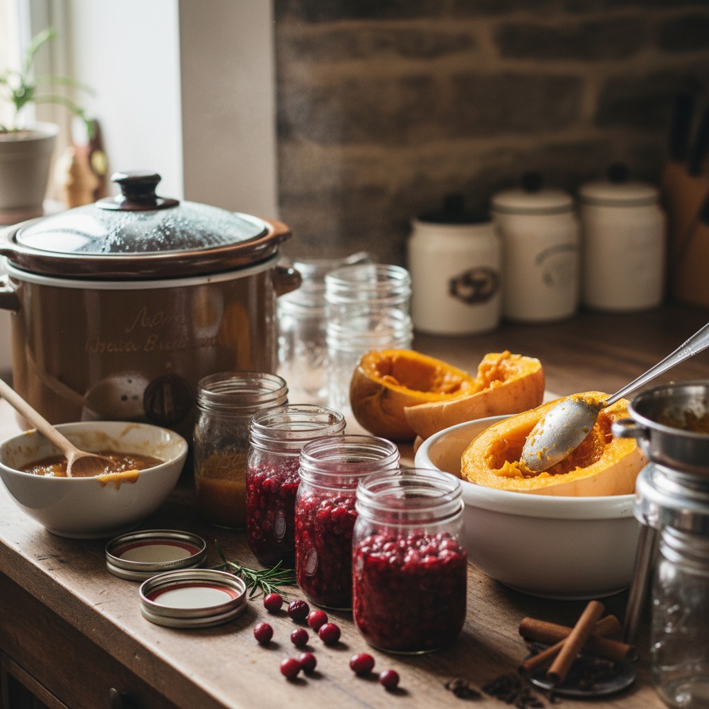 Apple butter, cranberry sauce, and pumpkin being processed