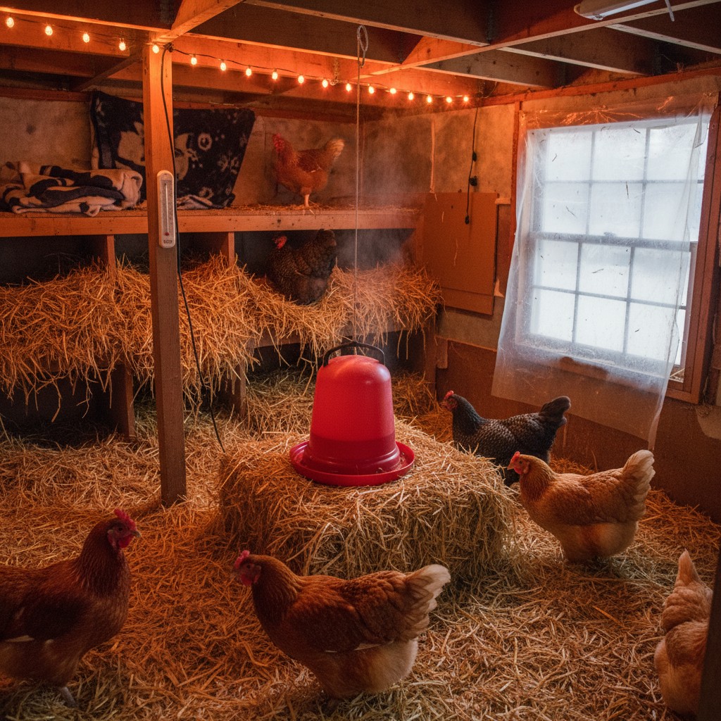Chickens in winterized coop with heated waterer