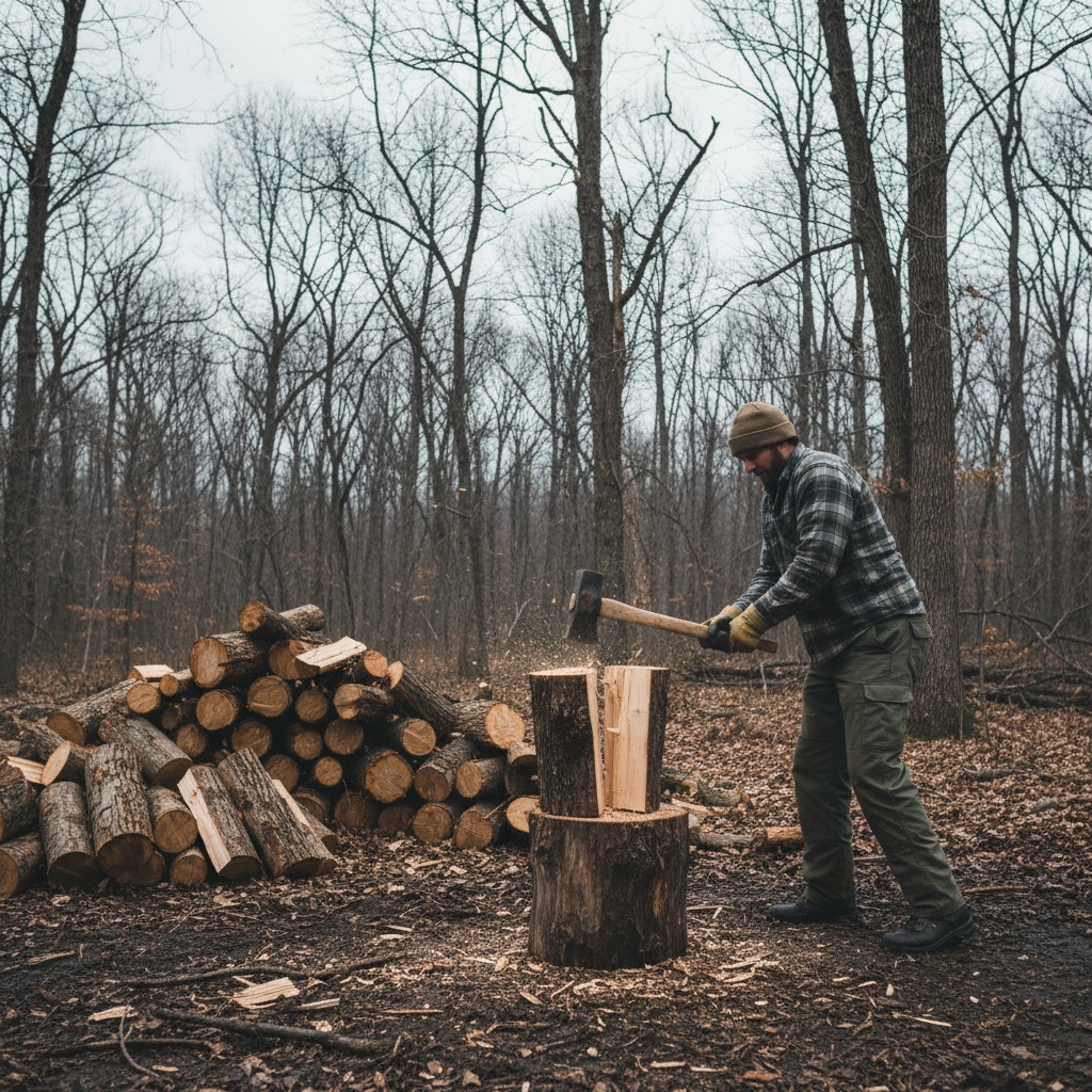 Firewood being split with a maul