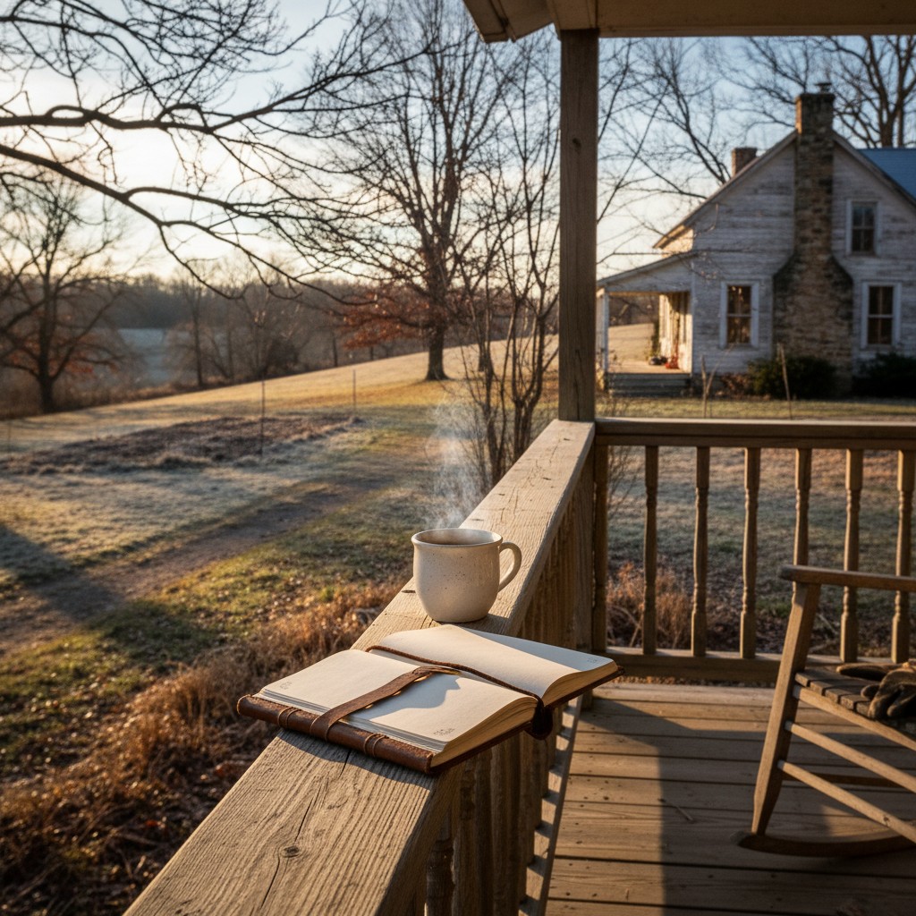 Farmhouse porch in November with tea and garden journal