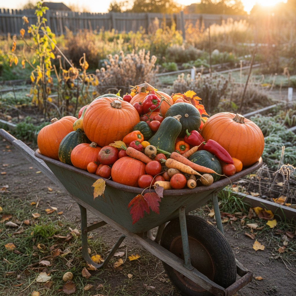 Wheelbarrow with pumpkins, squash, and root vegetables