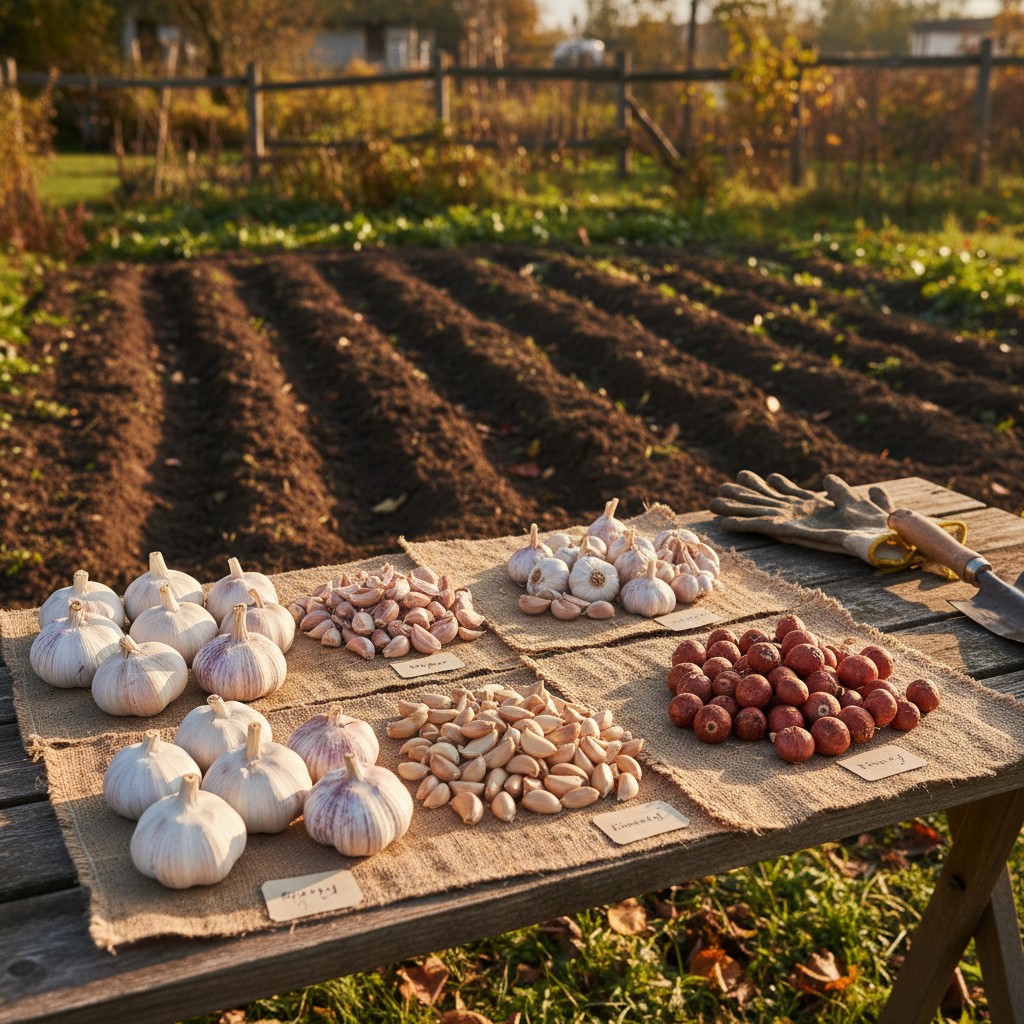Garlic cloves being prepared for fall planting