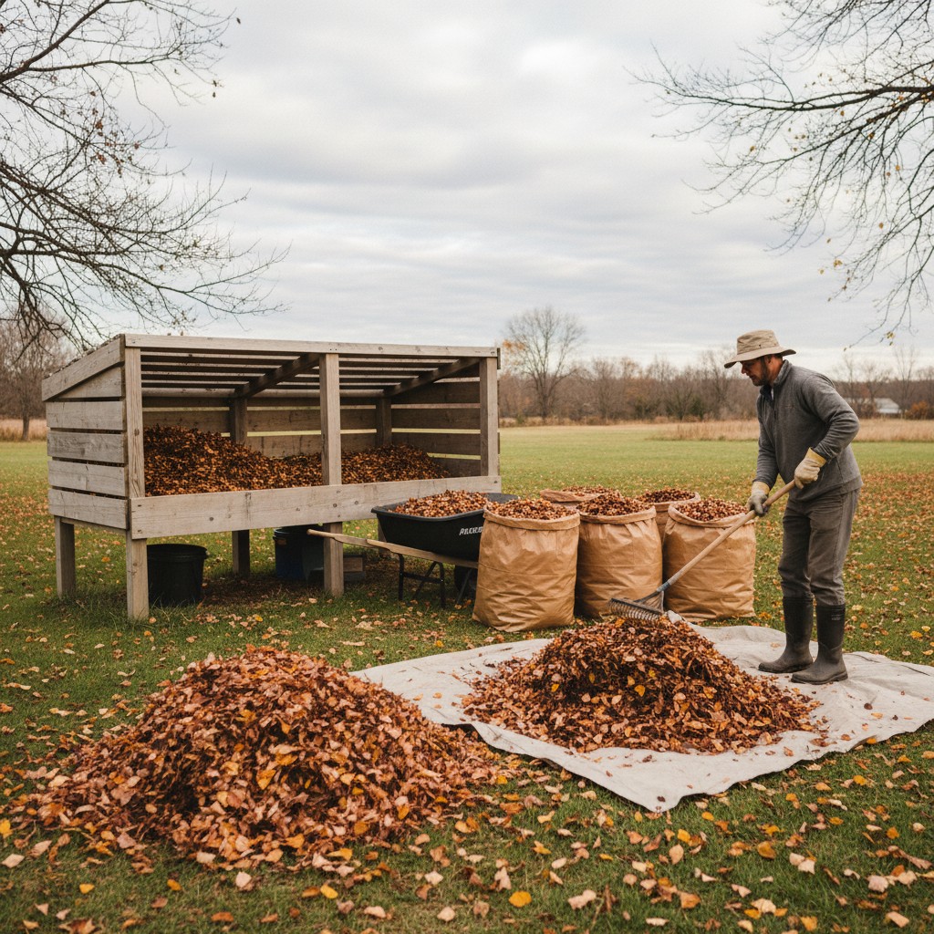 Autumn leaves being raked for mulch and compost