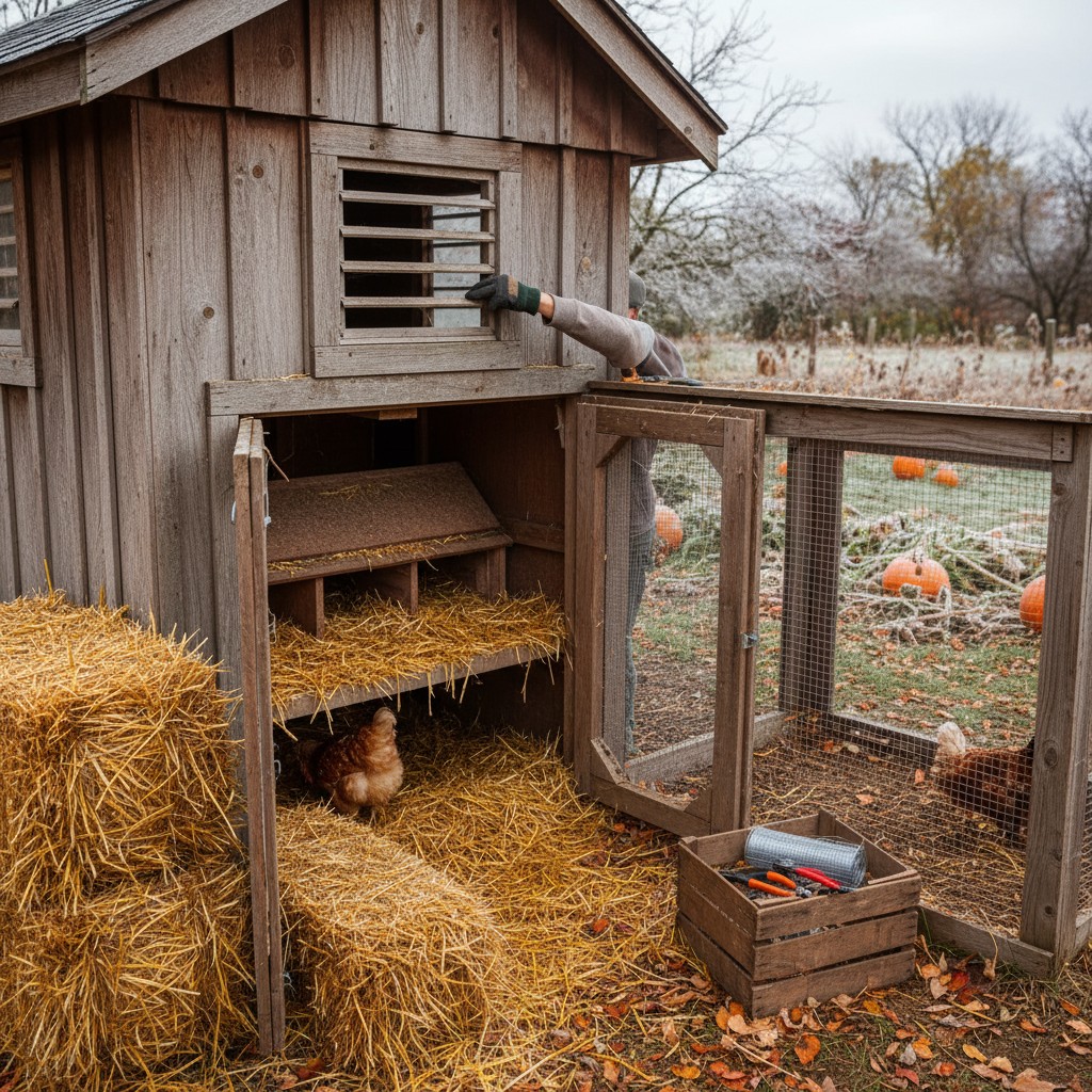 Chicken coop being winterized with extra straw