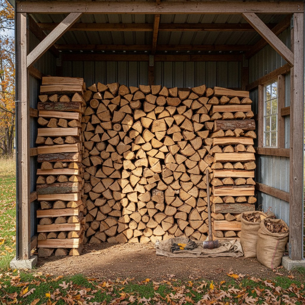 Woodpile being stacked in a woodshed