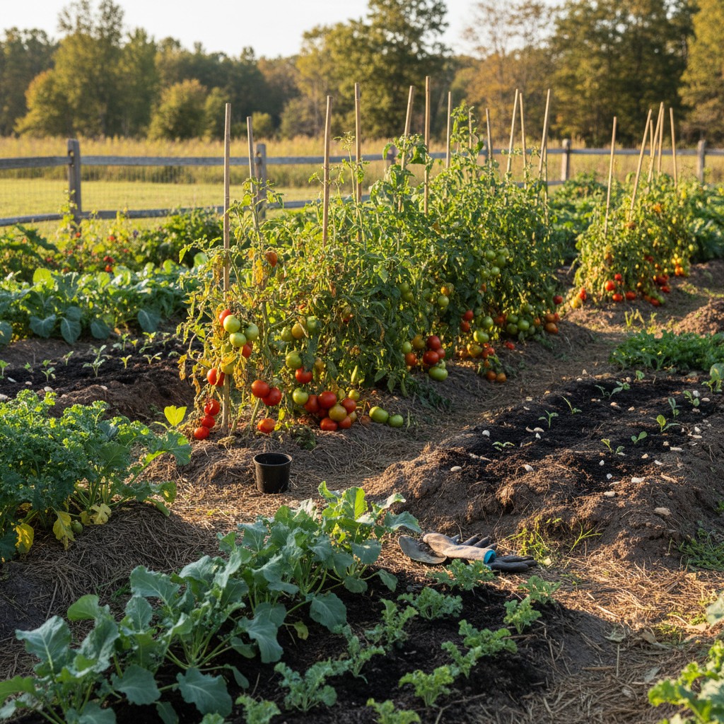 September garden with fall crops and late tomatoes