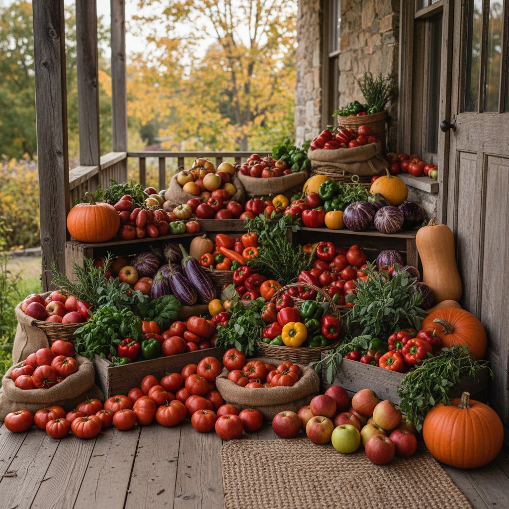 Huge September harvest on a farmhouse porch