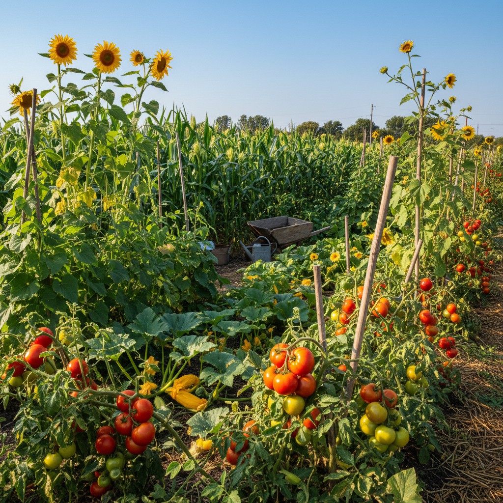 Peak July garden with heavy tomatoes and tasseling corn