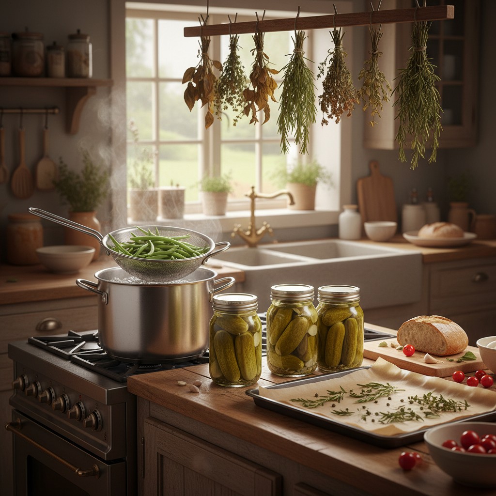July kitchen with pickles and blanched beans
