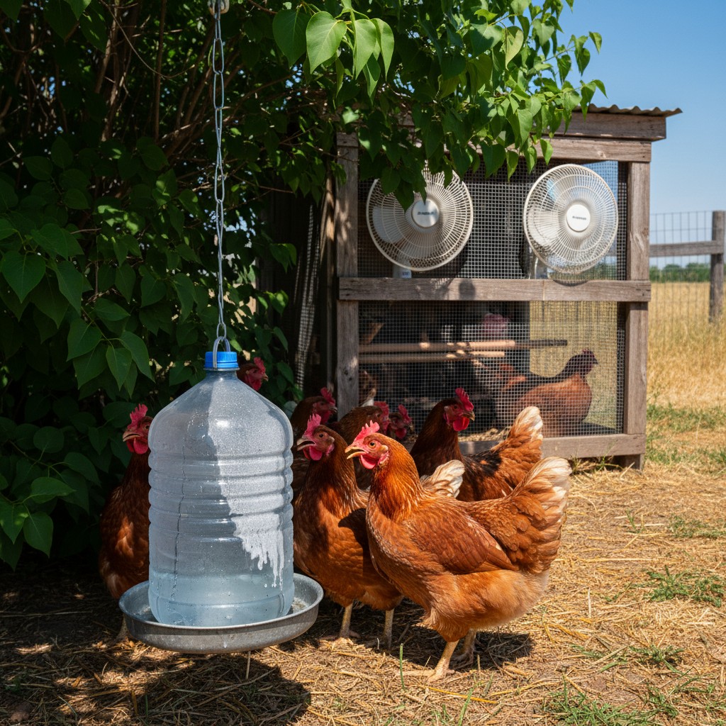 Chickens in shade on a hot July day