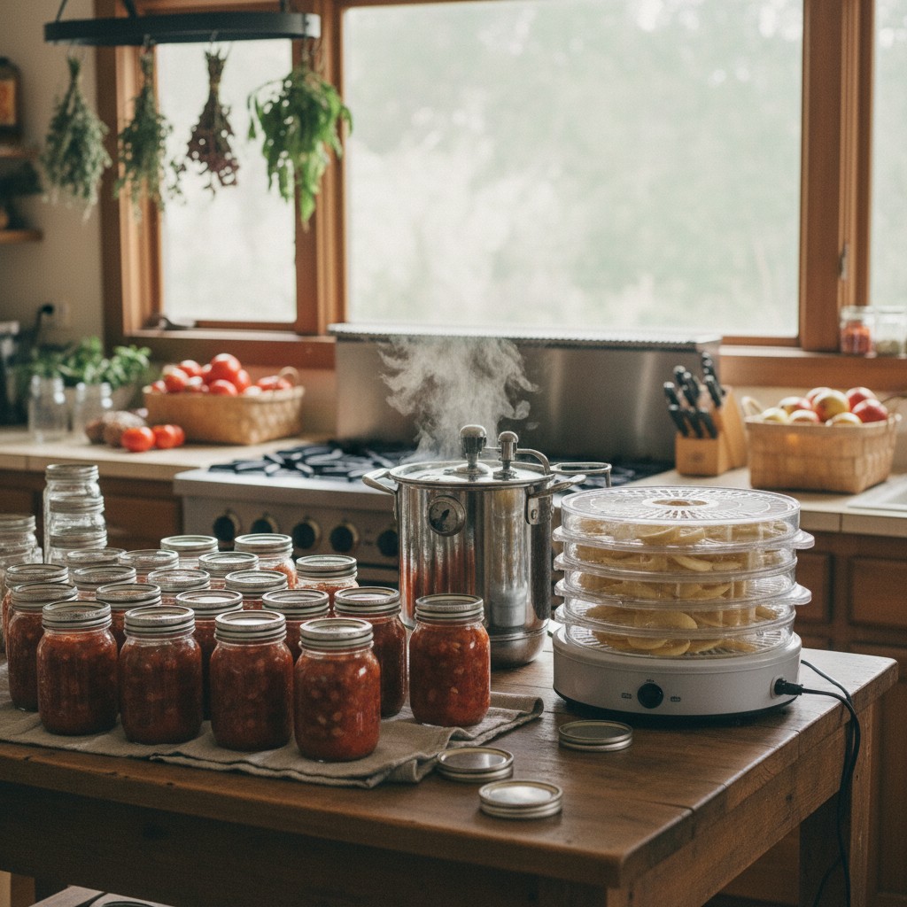 September kitchen with canning and dehydrating