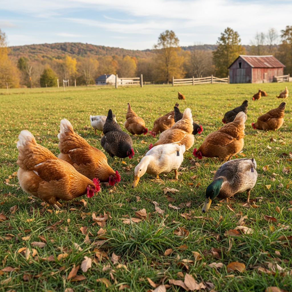 Chickens and ducks foraging in September