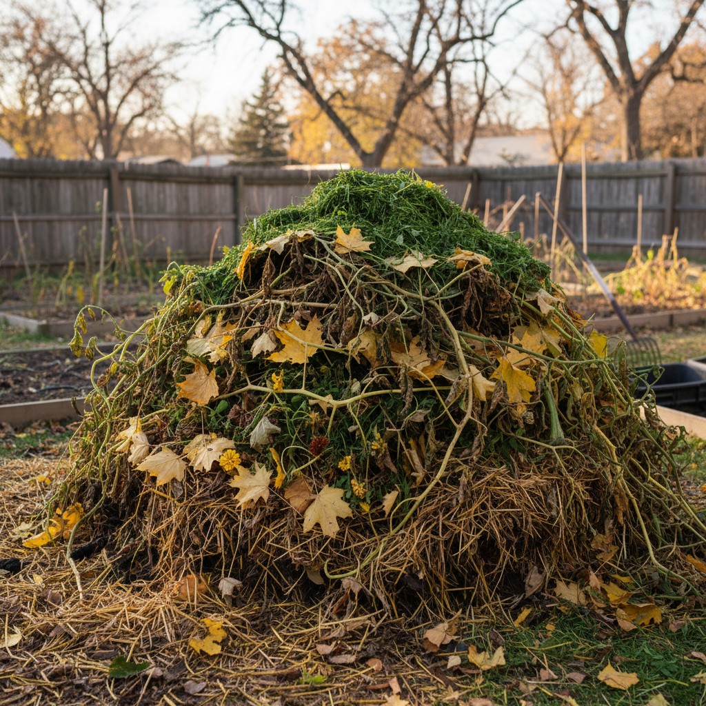 Compost pile being built with fall garden waste