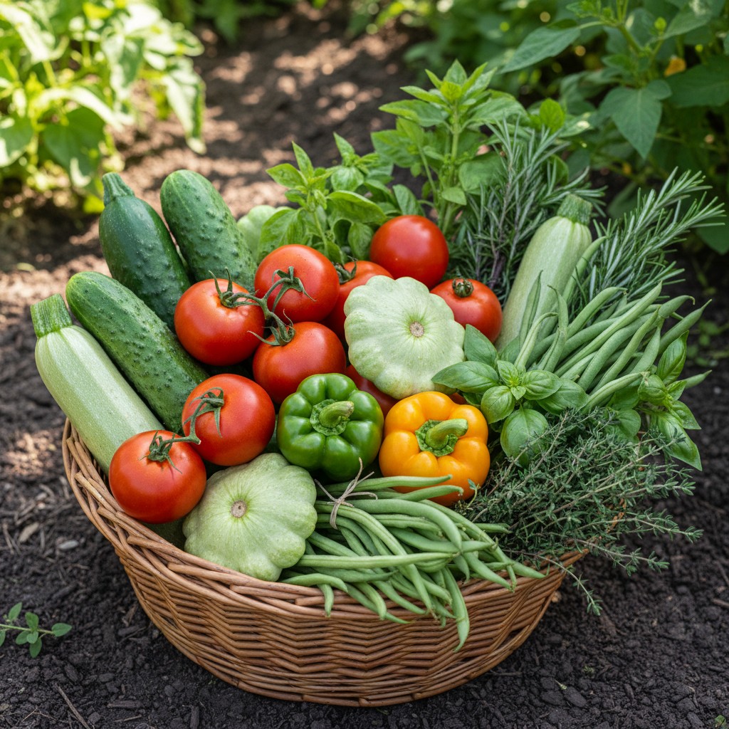 Daily July harvest basket with tomatoes, cucumbers, beans