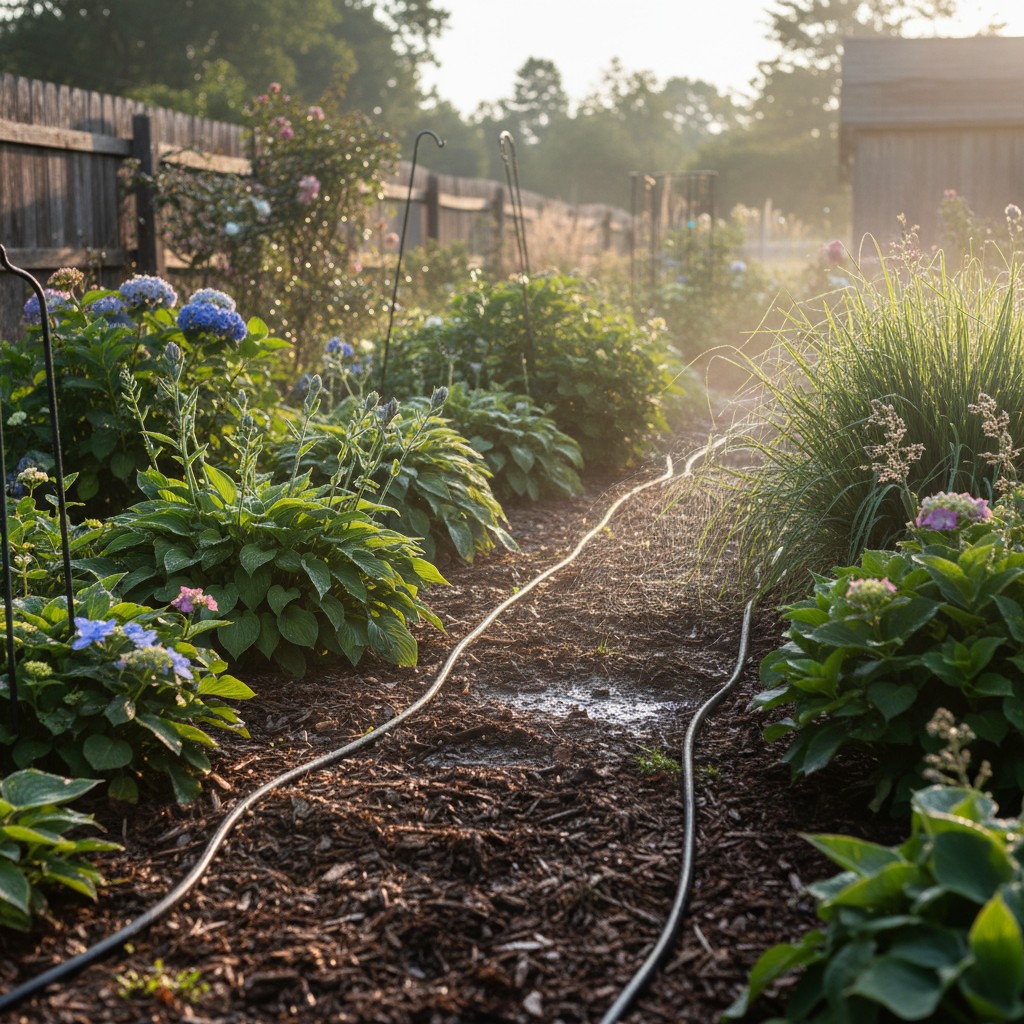 Early morning watering with soaker hoses