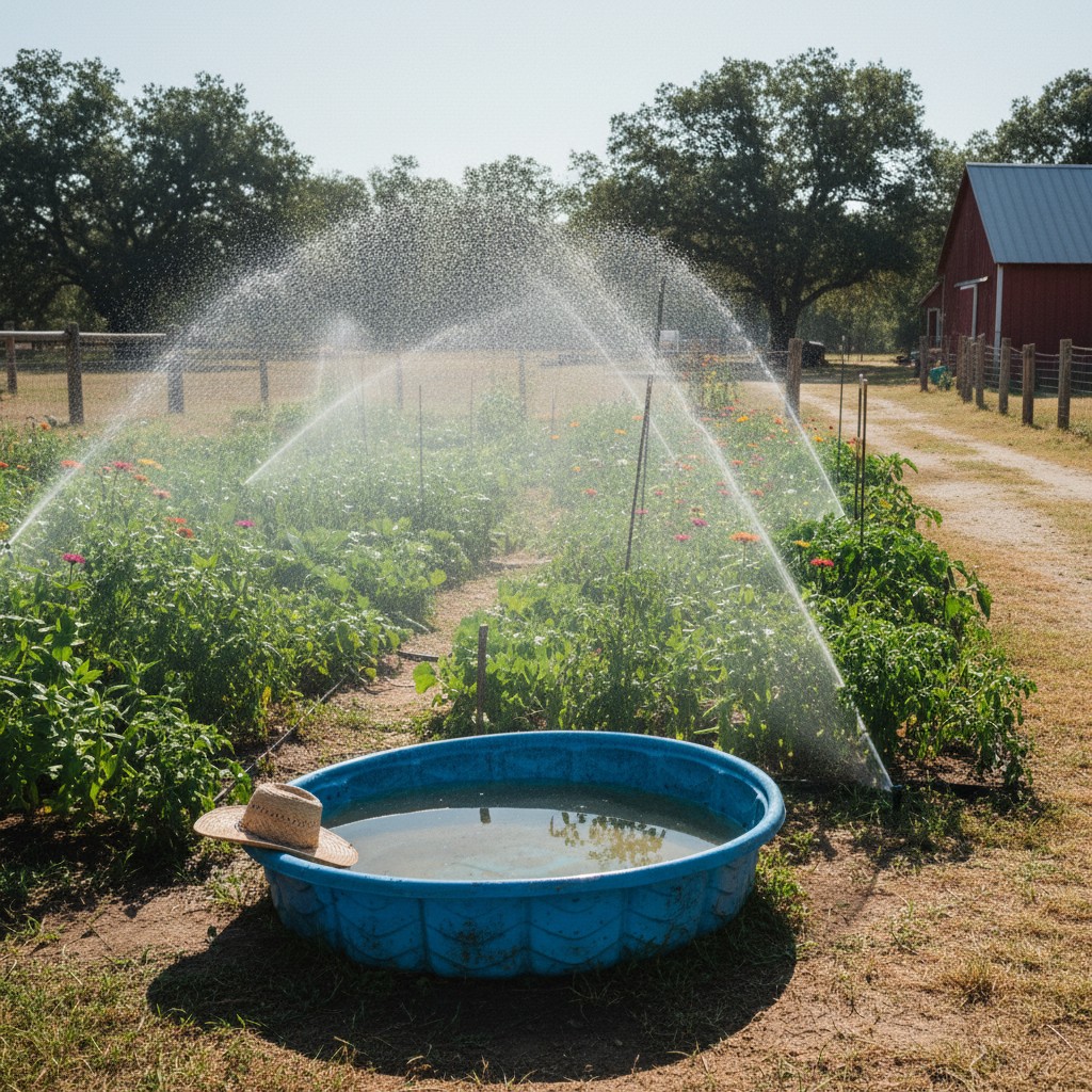 Farm pond and sprinklers on a hot July day