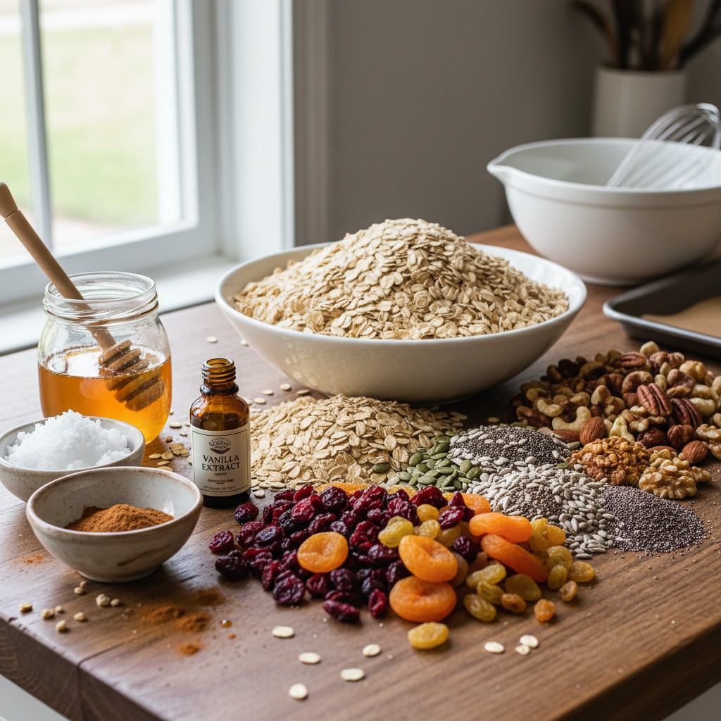 Granola ingredients: oats, honey, coconut oil, nuts, seeds