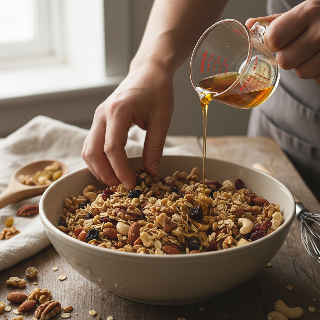 Hands mixing granola in a large bowl